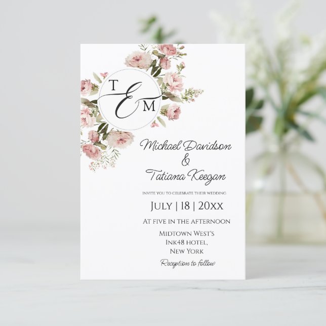 Warm Minimalism Floral Monogram Wedding Invitation (Standing Front)