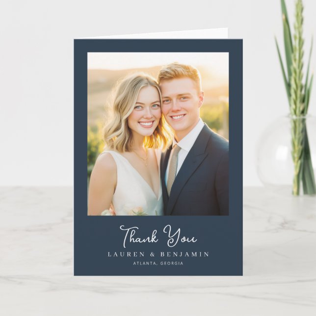 Warm Navy Contemporary Photo Thank You Card (Front)