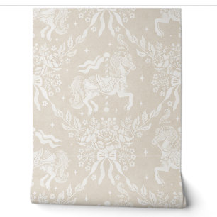 Warm Neutral Beige Rococo Carousel Horses Florals Wallpaper