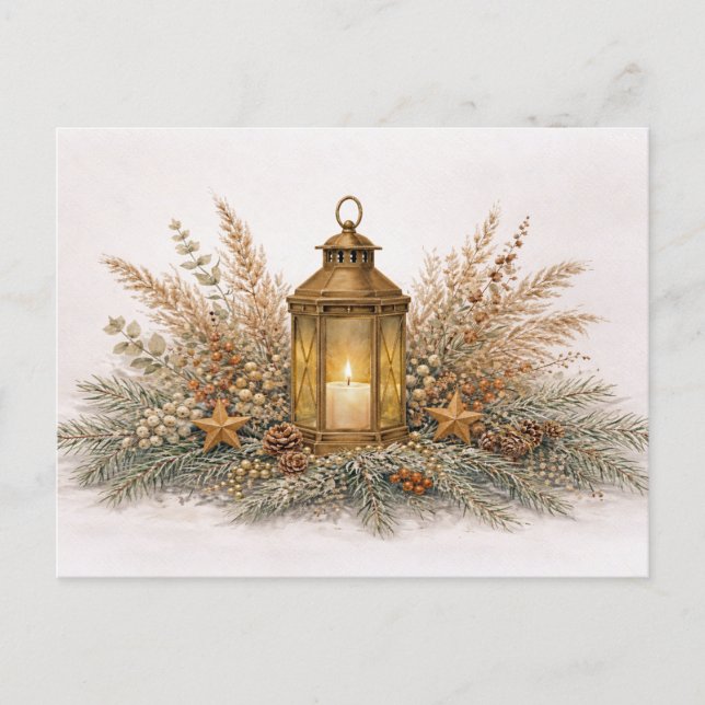Warm Neutral Watercolor Christmas Lantern  Holiday Postcard (Front)
