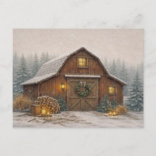 Warm Neutral Watercolor Rustic Christmas Barn  Holiday Postcard