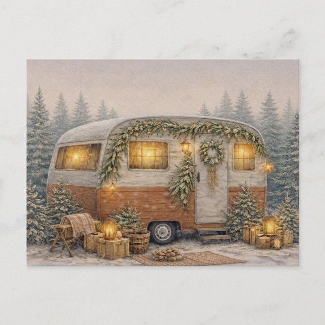 Warm Neutral Watercolor Rustic Christmas Camper Holiday Postcard (Front)