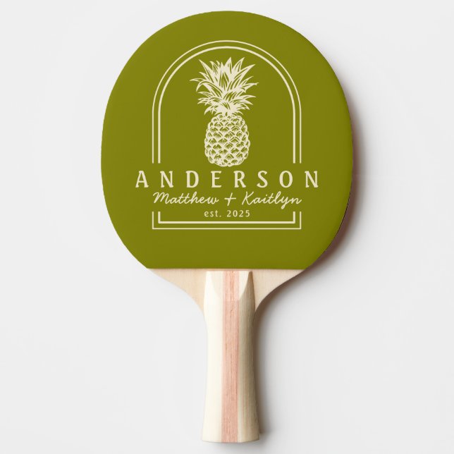 Warm Olive Pineapple Wedding Arch & Name Ping Pong Paddle (Front)