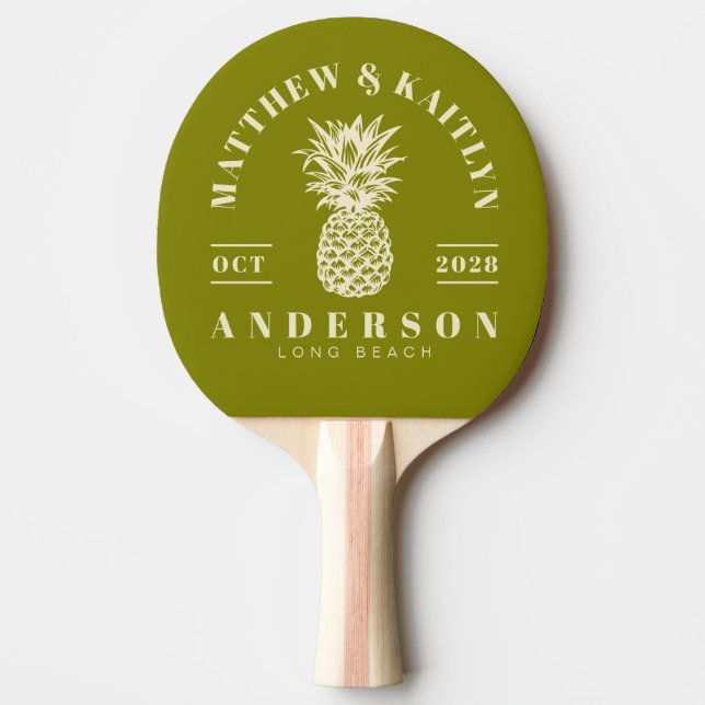 Warm Olive Tropical Pineapple Wedding Crest Ping Pong Paddle (Front)