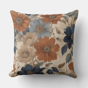 Warm Orange Beige Navy Blue Fall Floral Cushion