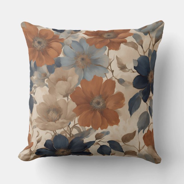 Warm Orange Beige Navy Blue Fall Floral Cushion (Front)