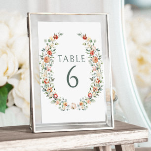 Warm orange floral wreath wedding table numbers
