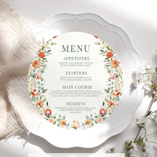 Warm orange flower boho round Menu Card For Plate