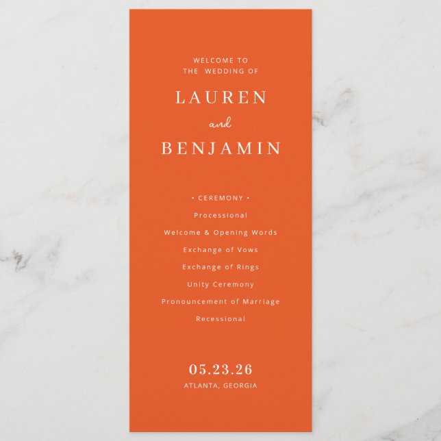 Warm Orange Wedding Ceremony Programme (Front)
