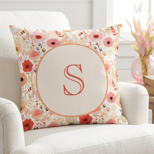Warm Peach and Coral Poppy Floral Initial Monogram Cushion
