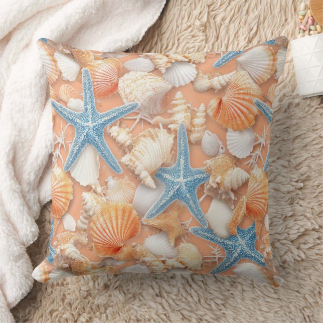 Warm Peach Beach Shells Starfish Summer Cushion (Blanket)