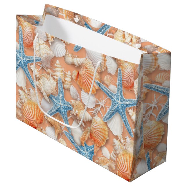 Warm Peach Beach Shells Starfish Summer Large Gift Bag (Front Angled)