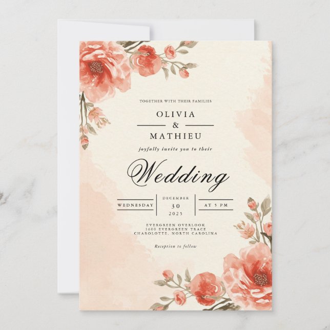 Warm Peach Blossom Frame Wedding Invitation (Front)