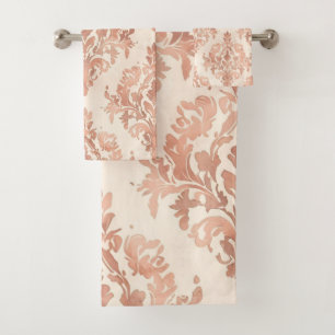 Warm Peach Damask Watercolor Ornamental Pattern Bath Towel Set