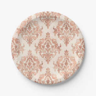 Warm Peach Damask Watercolor Ornamental Pattern Paper Plate