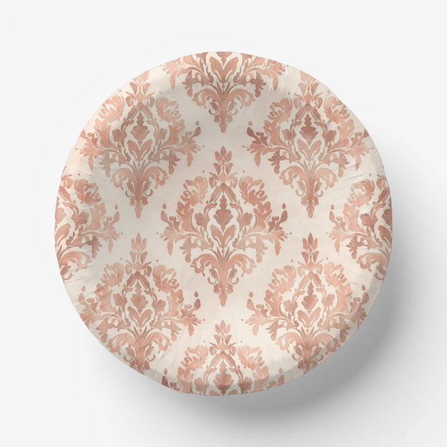Warm Peach Damask Watercolor Ornamental Pattern Paper Plate (Front)