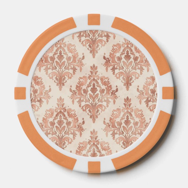 Warm Peach Damask Watercolor Ornamental Pattern Poker Chips (Front)