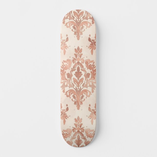 Warm Peach Damask Watercolor Ornamental Pattern Skateboard (Front)