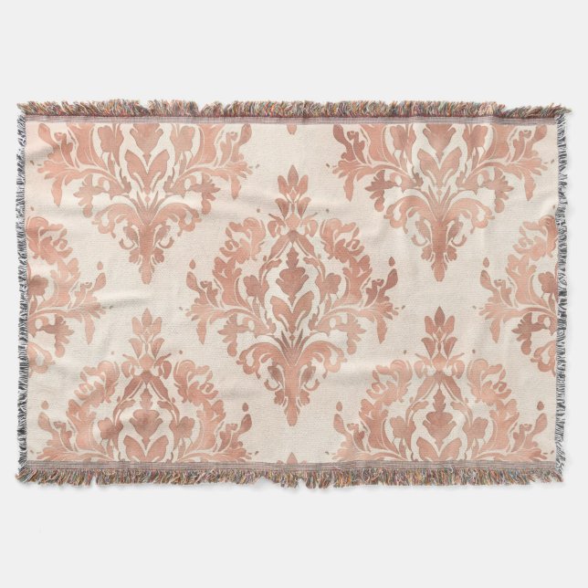 Warm Peach Damask Watercolor Ornamental Pattern Throw Blanket (Front)
