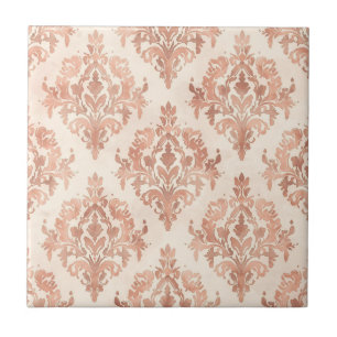 Warm Peach Damask Watercolor Ornamental Pattern Tile