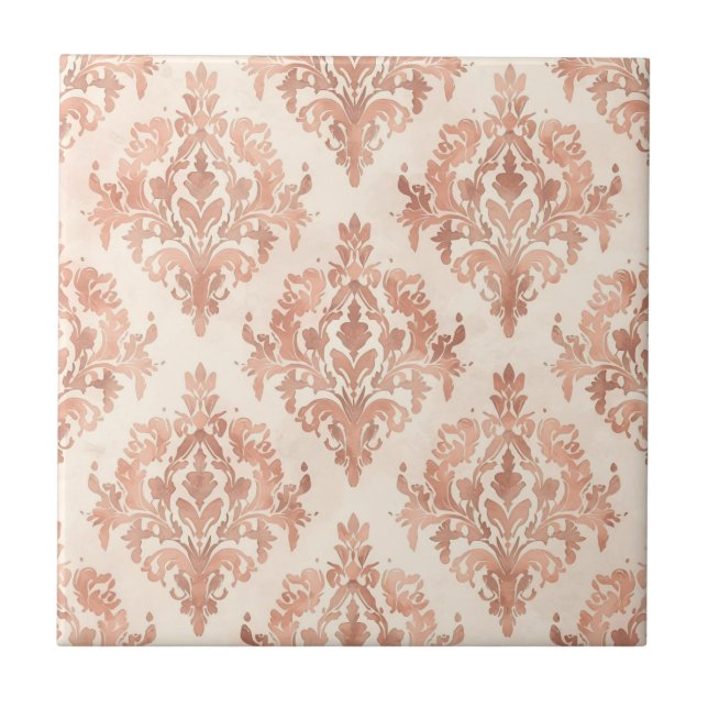 Warm Peach Damask Watercolor Ornamental Pattern Tile (Front)