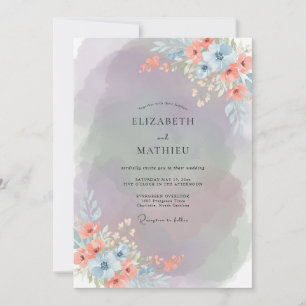 Warm Peach Periwinkle Painted Wedding Invitation