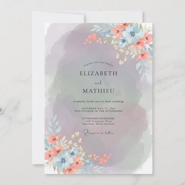 Warm Peach Periwinkle Painted Wedding Invitation (Front)