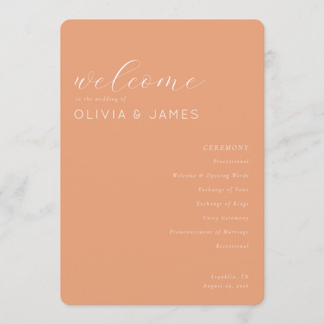 Warm Peach Wedding Ceremony Schedule Programme (Front)