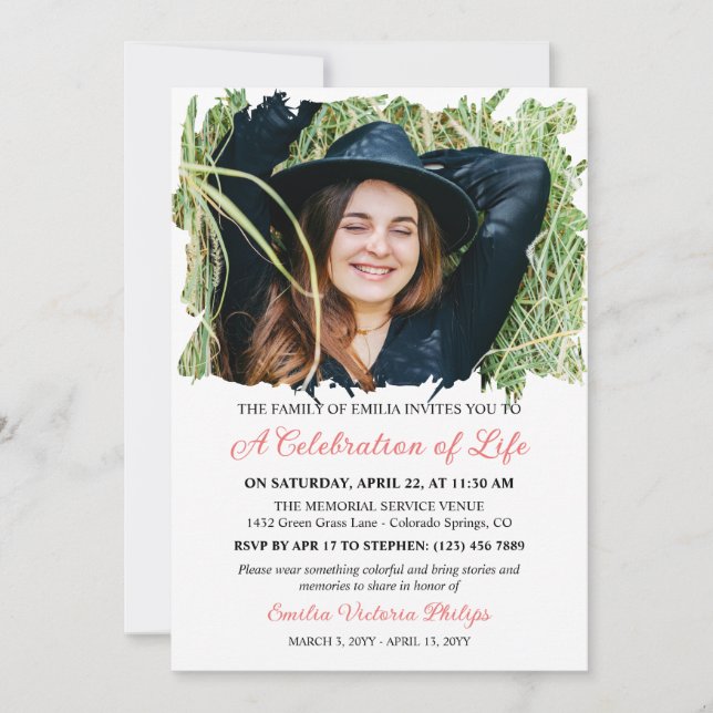 Warm Pink Brushed Borders Photo Life Celebration Invitation (Front)