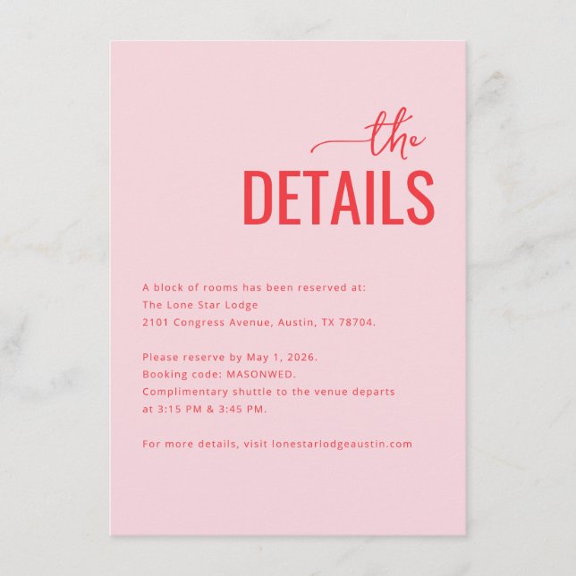 Warm Pink Minimalist Event Details Enclosure Card (Front)
