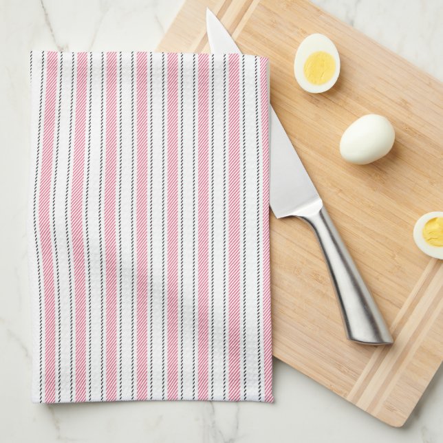 Warm Pink Ticking Stripes Tea Towel (Quarter Fold)