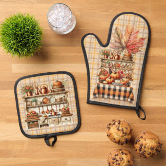 Warm Red and Orange Farmhouse Thanksgiving Oven Mitt & Pot Holder Set