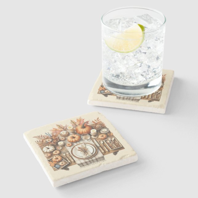 Warm Red and Orange Farmhouse Thanksgiving Stone Coaster (Side)