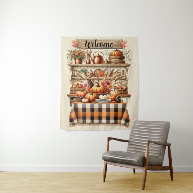 Warm Red and Orange Farmhouse Thanksgiving Tapestry (In Situ)