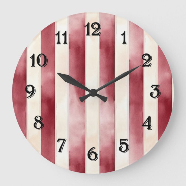 Warm Red Cream Stripes Large Clock (Front)