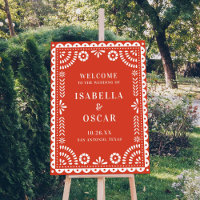 Warm Red Papel Picado Wedding Welcome Sign