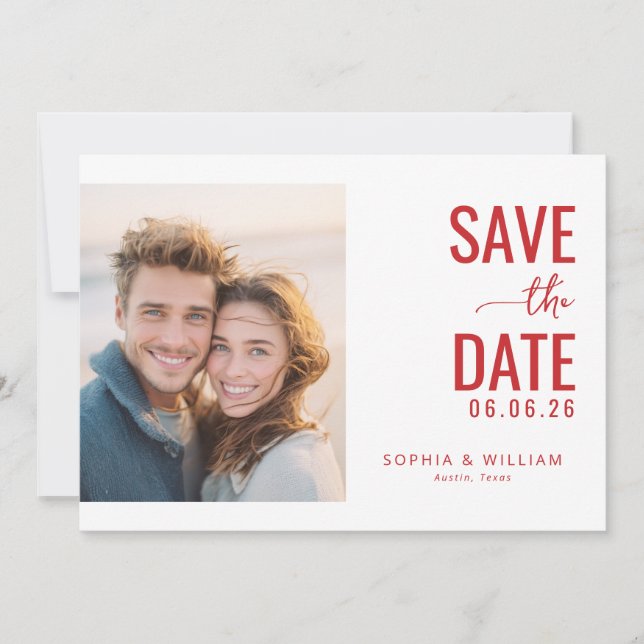 Warm Red Romantic Photo Save The Date (Front)