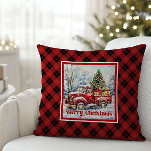 Warm red truck winter scene rustic red green  cushion