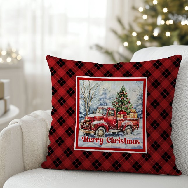 Warm red truck winter scene rustic red green  cushion (Warm red truck winter scene rustic red green pillow decor

)