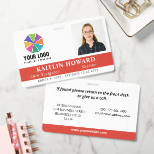 Warm Red with Logo Photo Pronouns Employee ID Badge