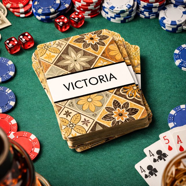Warm Retro Floral Pattern Mosaic Personalized Playing Cards (retro floral mosaic tile pattern cards)