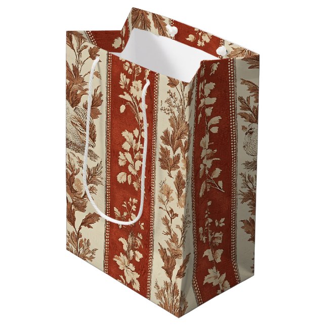Warm Rust Hen Toile French Country Pattern Medium Gift Bag (Front Angled)