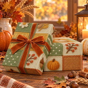 Warm Rustic Autumn Patchwork Pumpkin Orange Wrapping Paper