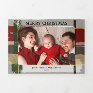 Warm Rustic Brushstrokes w/Gold Highlights Photo Tri-Fold Holiday Card
