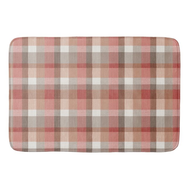 Warm Rustic Plaid Fabric Texture in Coral Bath Mat (Front)