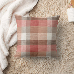 Warm Rustic Plaid Fabric Texture in Coral Cushion
