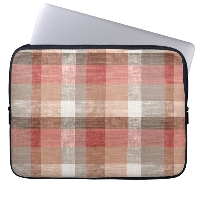 Warm Rustic Plaid Fabric Texture in Coral Laptop Sleeve (Front)