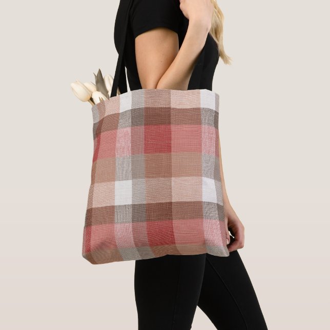 Warm Rustic Plaid Fabric Texture in Coral Tote Bag (Close Up)