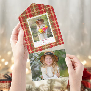 Warm Rustic Red & Gold Plaid Photo All In One Invitation