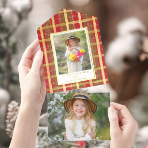 Warm Rustic Red & Gold Plaid Photo Foil All In One Invitation